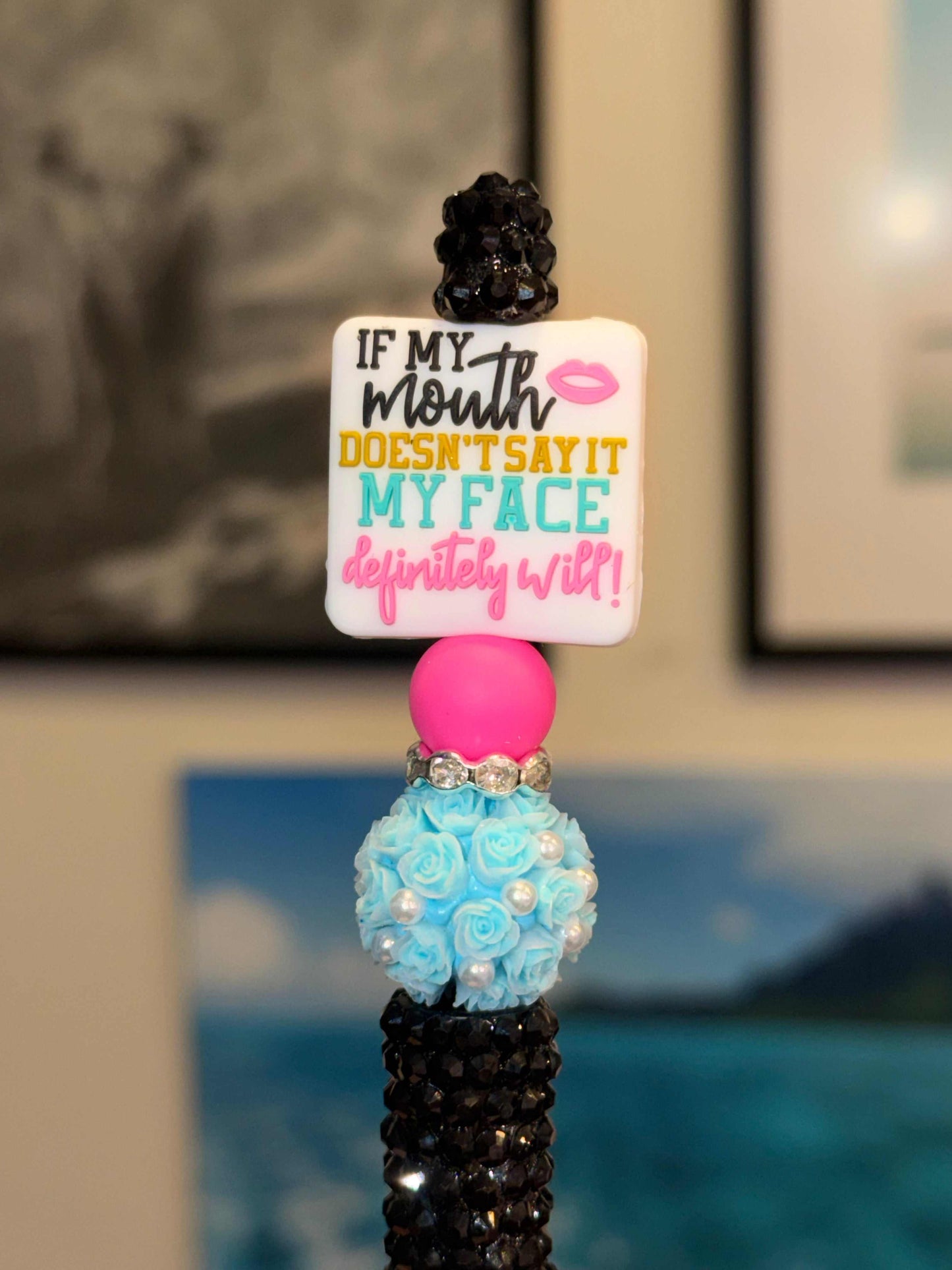 Black Full Bling Pen decorated with sparkling rhinestones, silicone beads, and acrylic accents