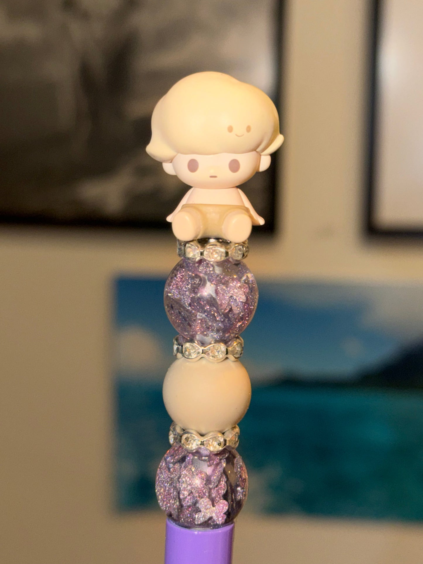 Purple glitter beaded pen with authentic Dimoo Pop Bean topper and crystal rhinestone accents