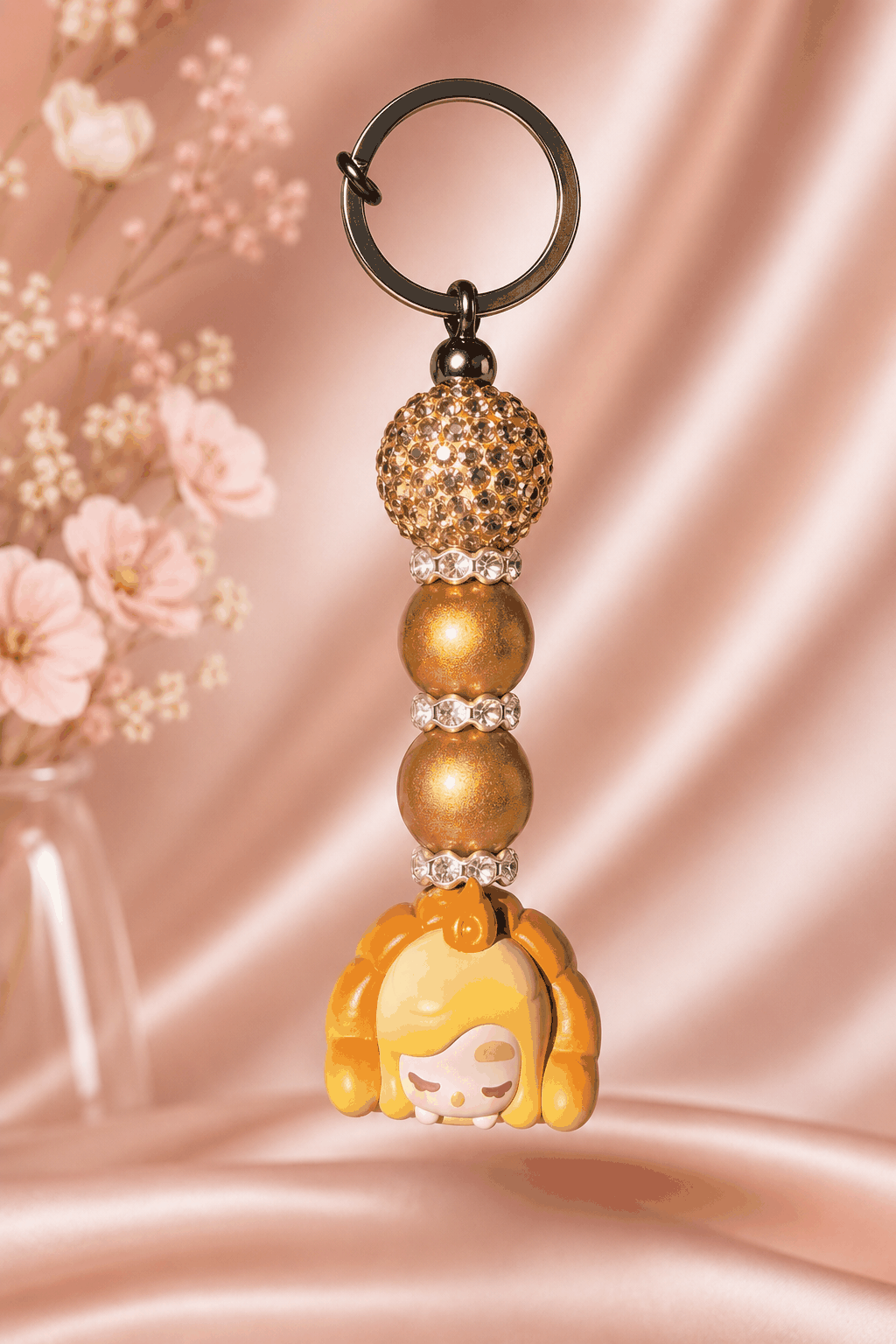 Authentic Chaka pop bean croissant bag charm keychain featuring a sleeping Chaka character with golden hair, metallic gold beads, rhinestone spacers, and a sparkling crystal bead attached to a black metal keyring.
