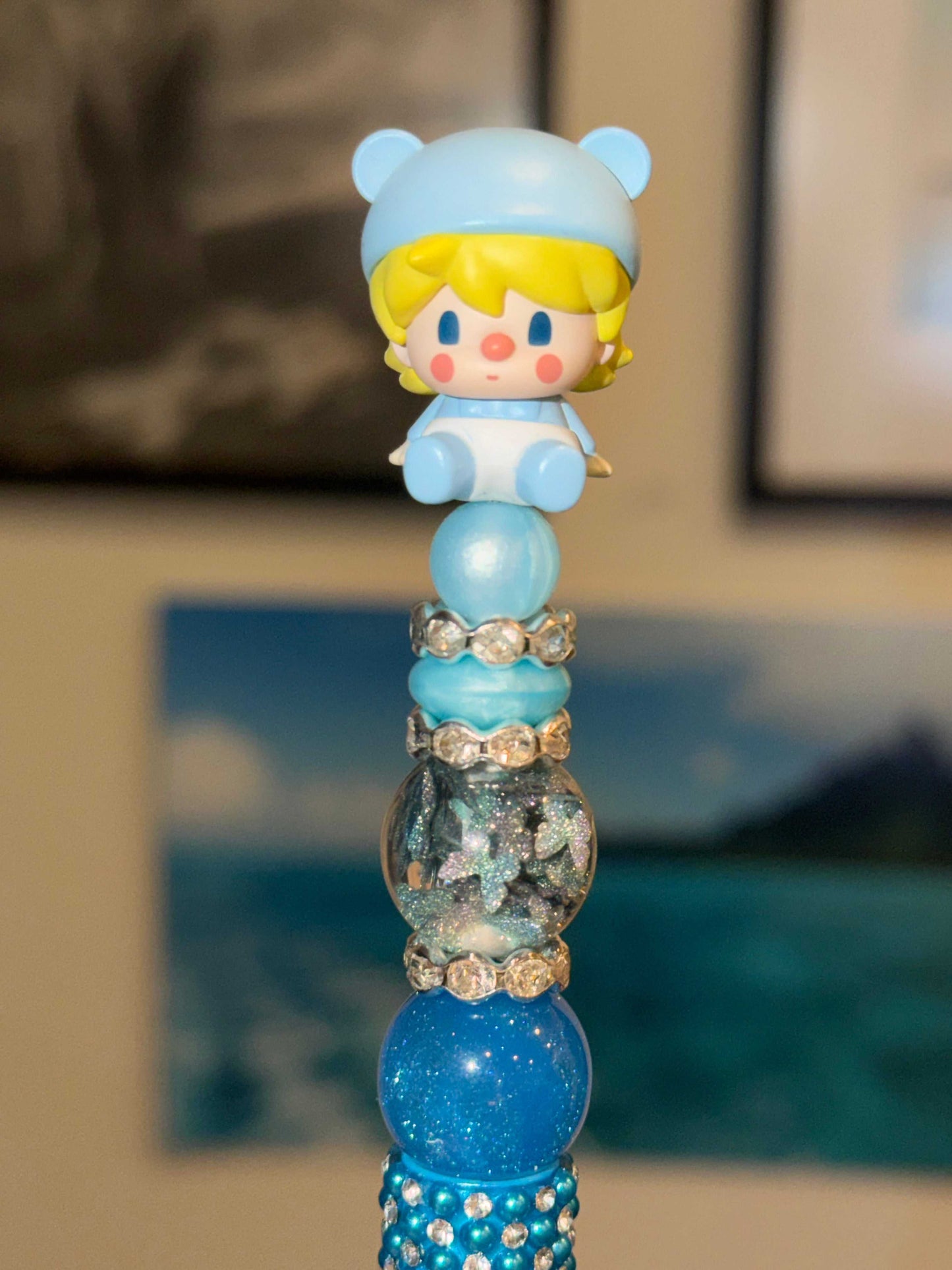 Blue Half Rhinestone Pen with Sweet Bean Pop Bean topper and sparkling bead accents