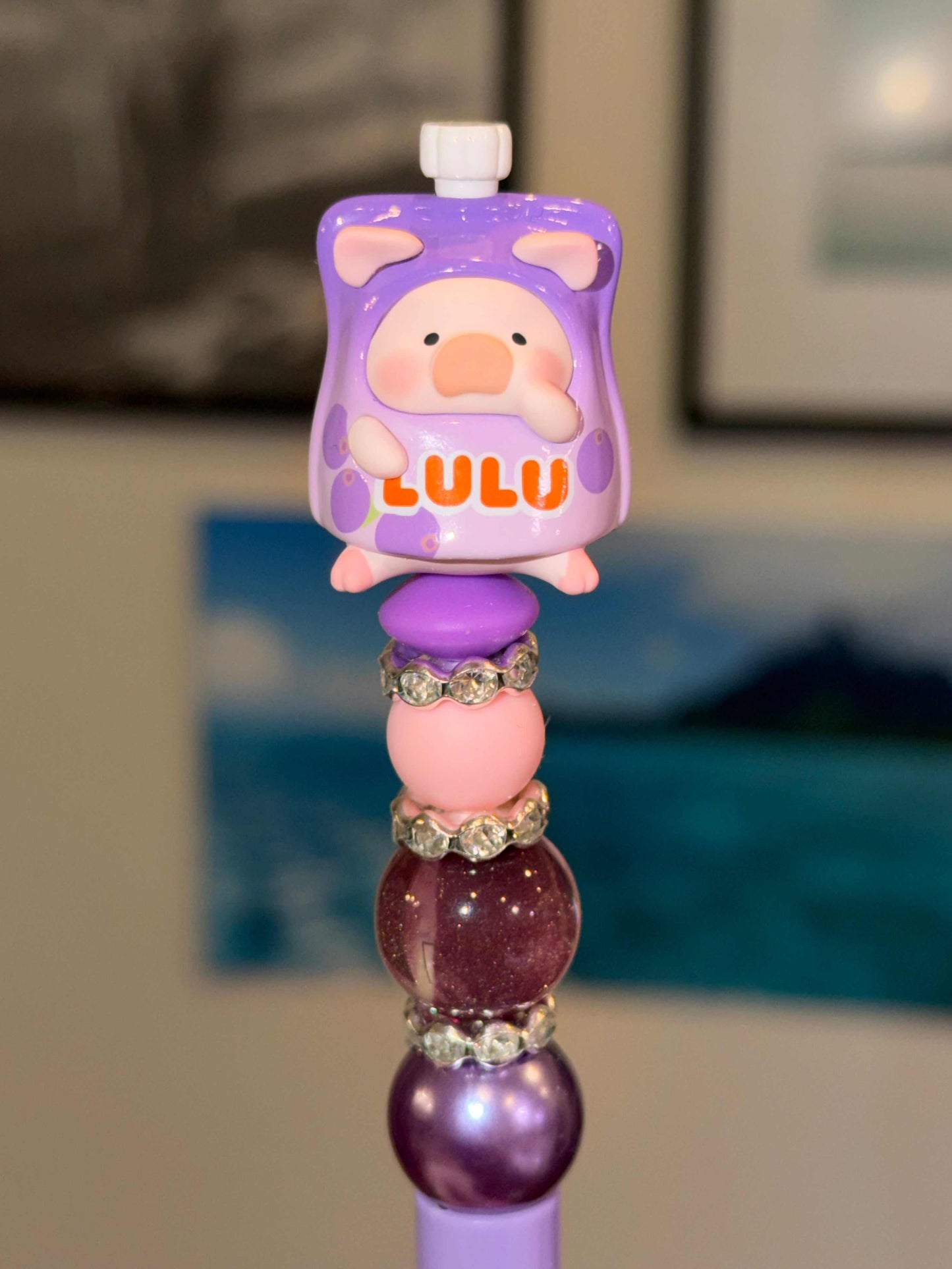 Lulu Piggy authentic bean purple drink pouch on purple pen with silicone and acrylic beads