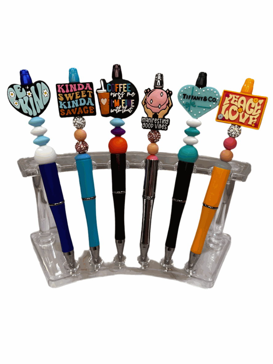 Pre made live pens with silicone and acrylic beads, smooth ink, and fun vibe-packed sayings