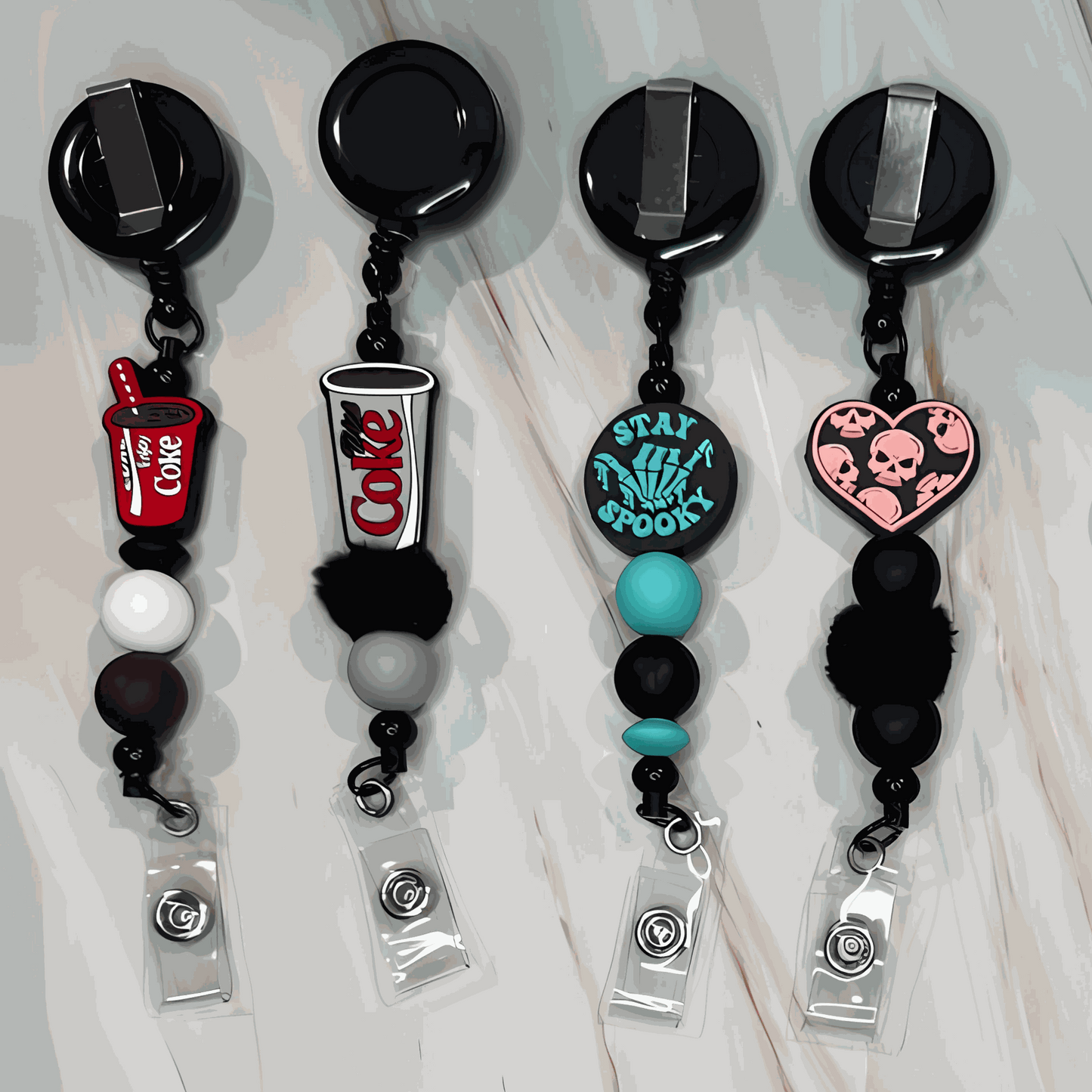 Colorful custom badge reel with mixed silicone and acrylic beads and fun sayings, perfect for gifting and personal style.