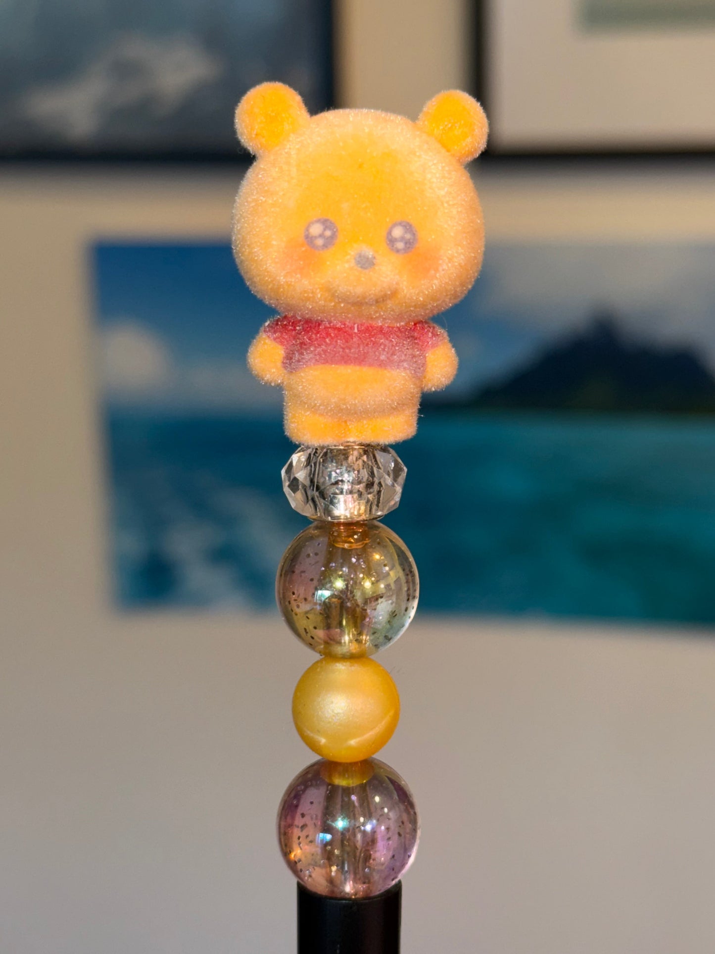 Honey Bear Beaded Pen with fuzzy yellow bear topper and crystal accents on black pen