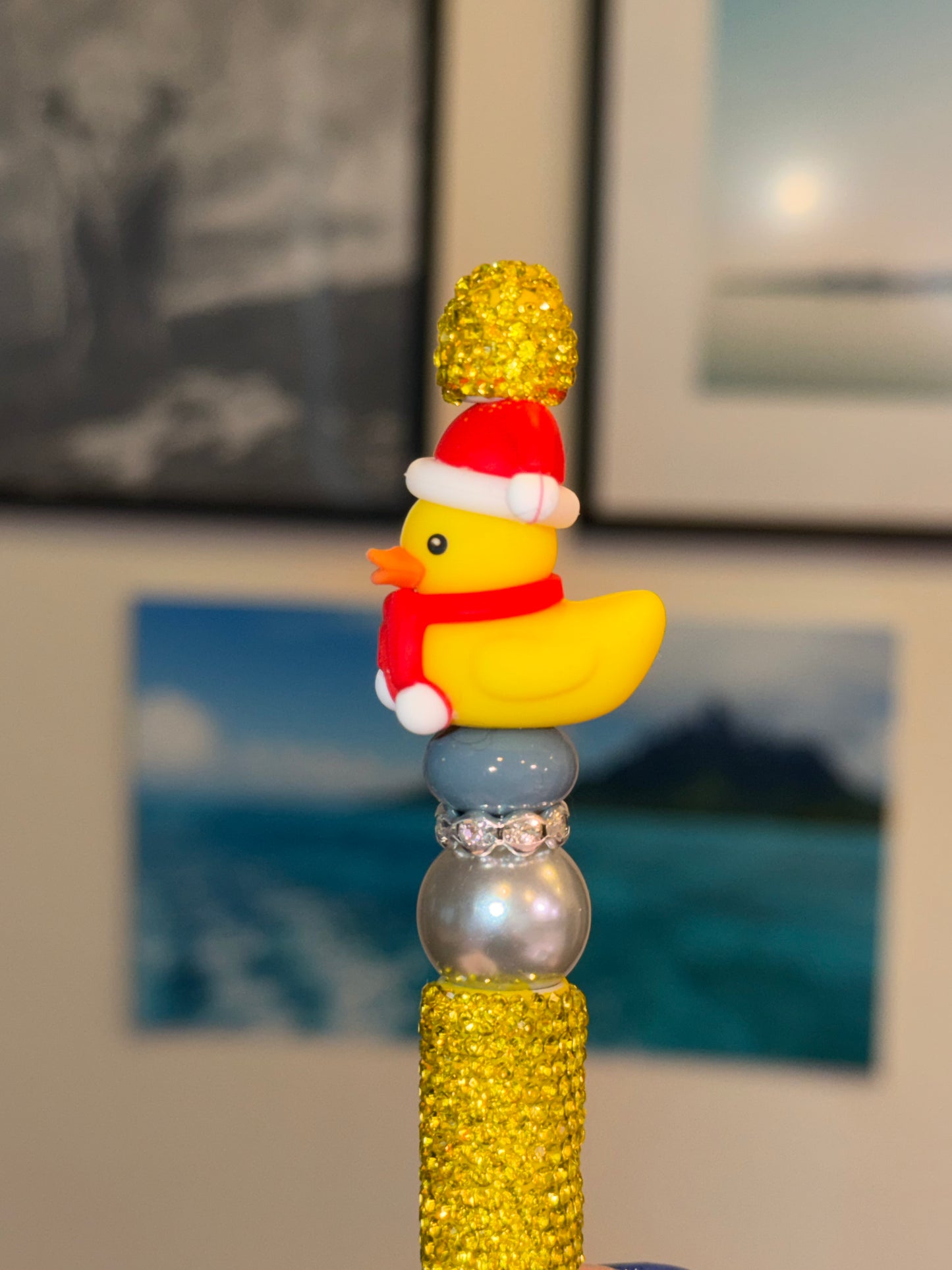 Christmas Duck on a Yellow Rhinestone Pen
