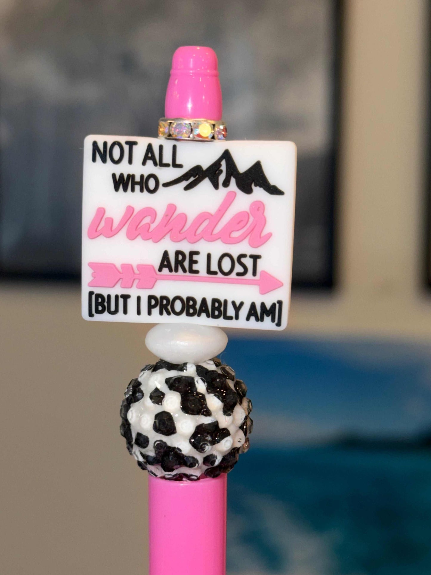 Pink pen with silicone and acrylic bead decorations and rhinestones, refillable ink