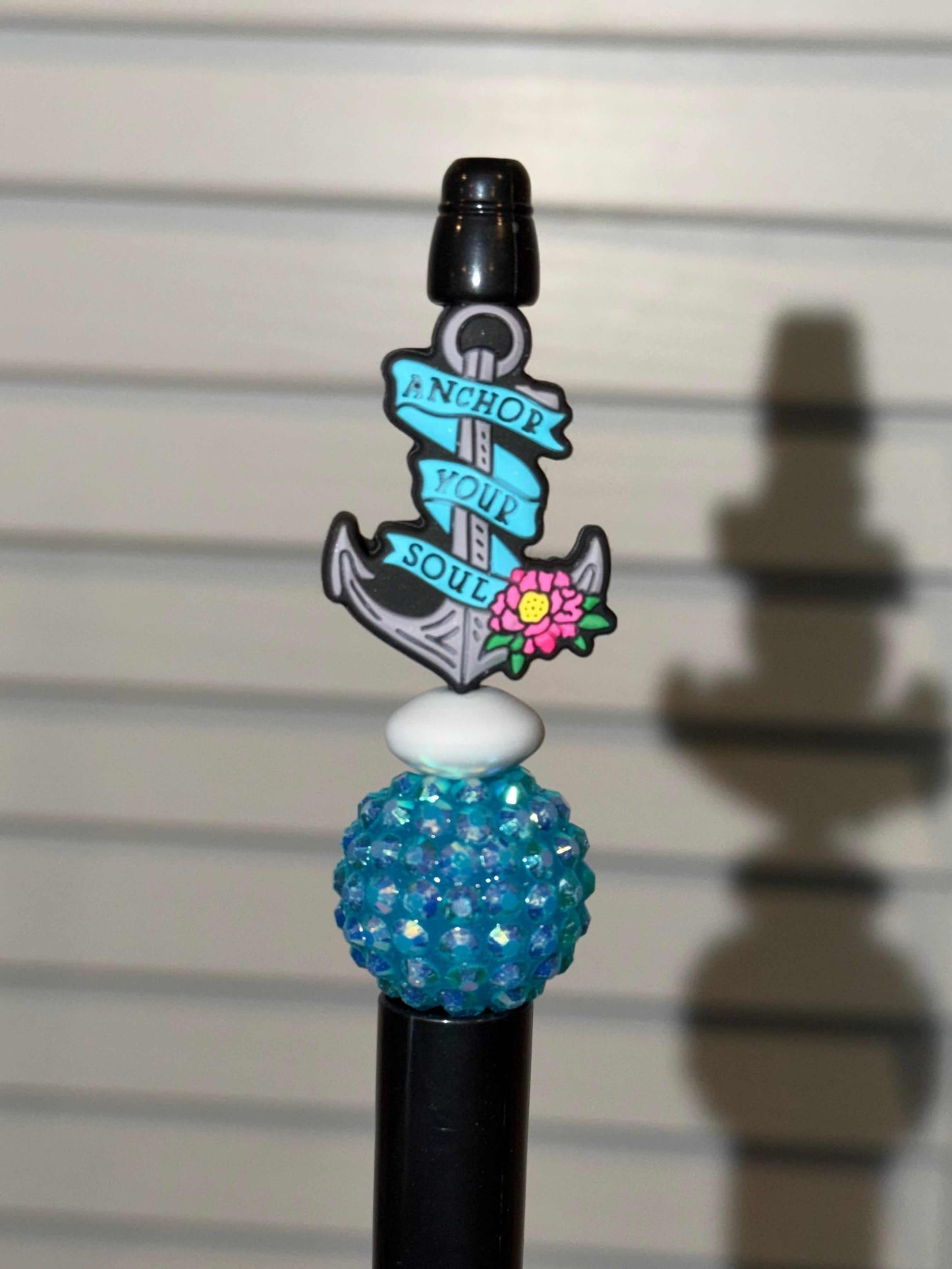 Anchor Your Soul Black Pen with silicone beads and rhinestones, refillable ink