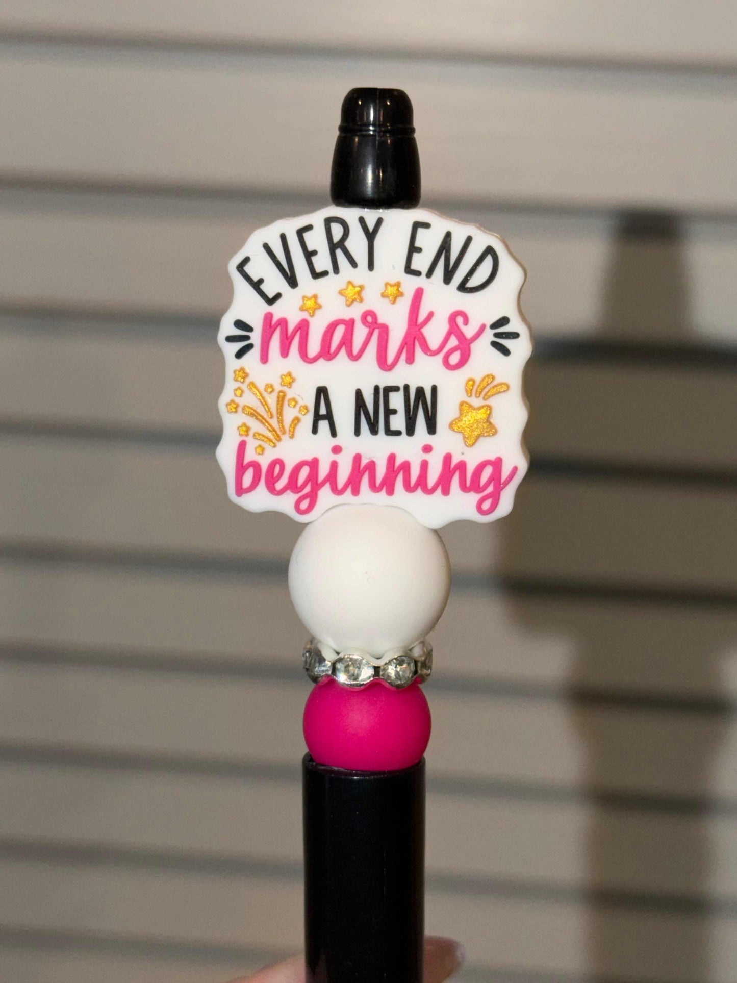 New Beginnings Black Pen with silicone and acrylic beads, rhinestones, and refillable ink