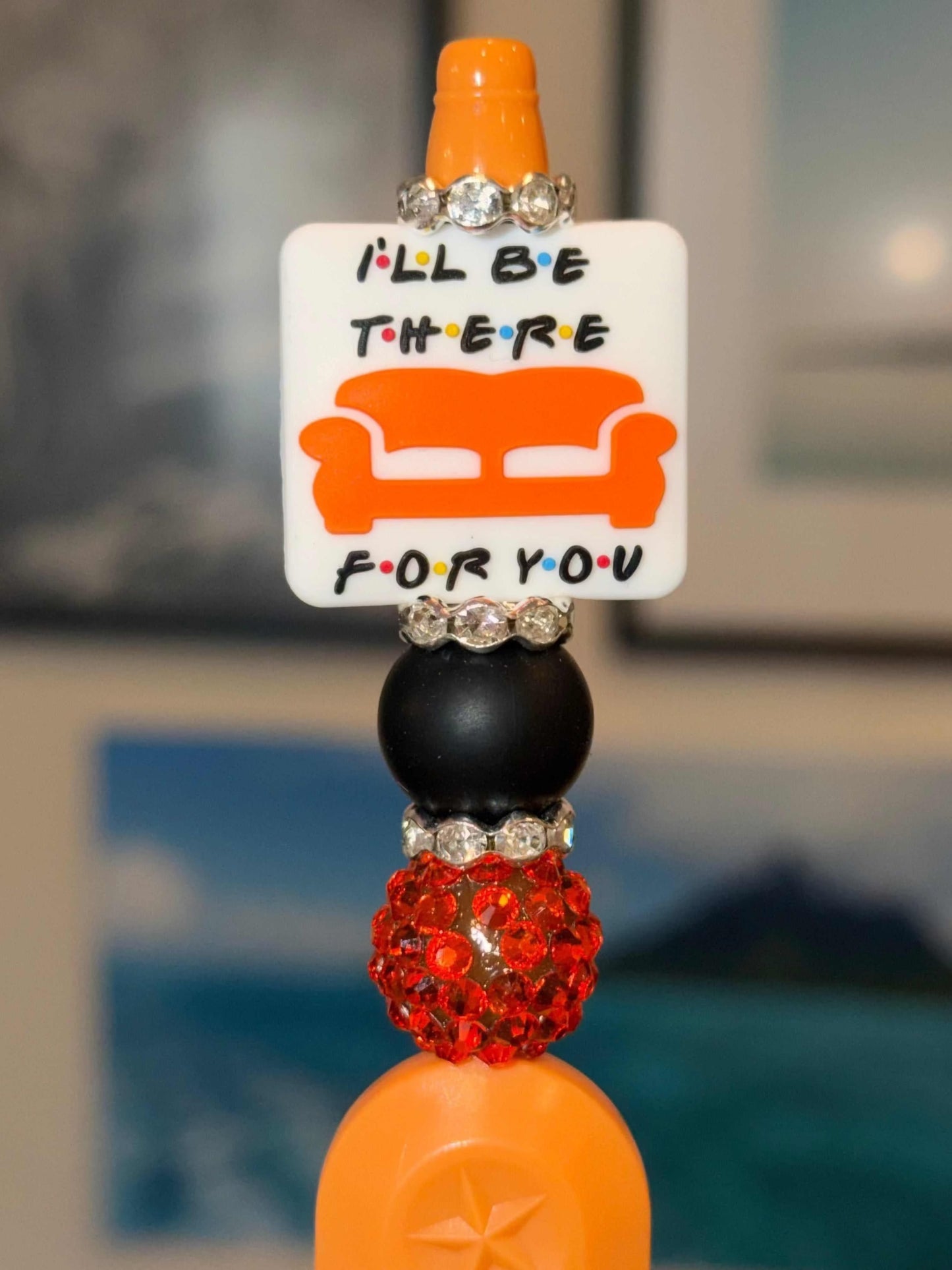 Friends inspired retractable box cutter pen with blade, decorated with silicone beads, acrylic beads, and rhinestones