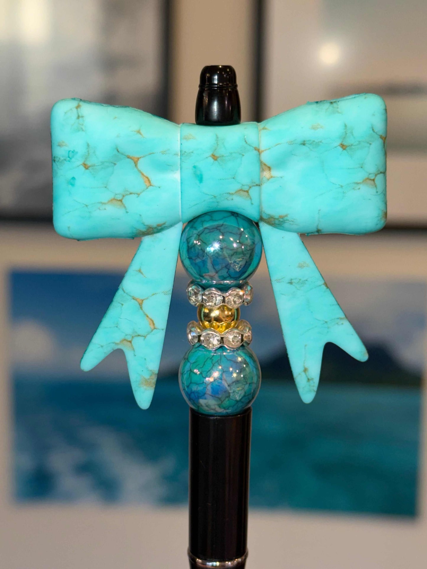 Turquoise Marble Bow Beaded Pen with dragon vein agate beads and gold accents on black barrel, handmade boho chic accessory