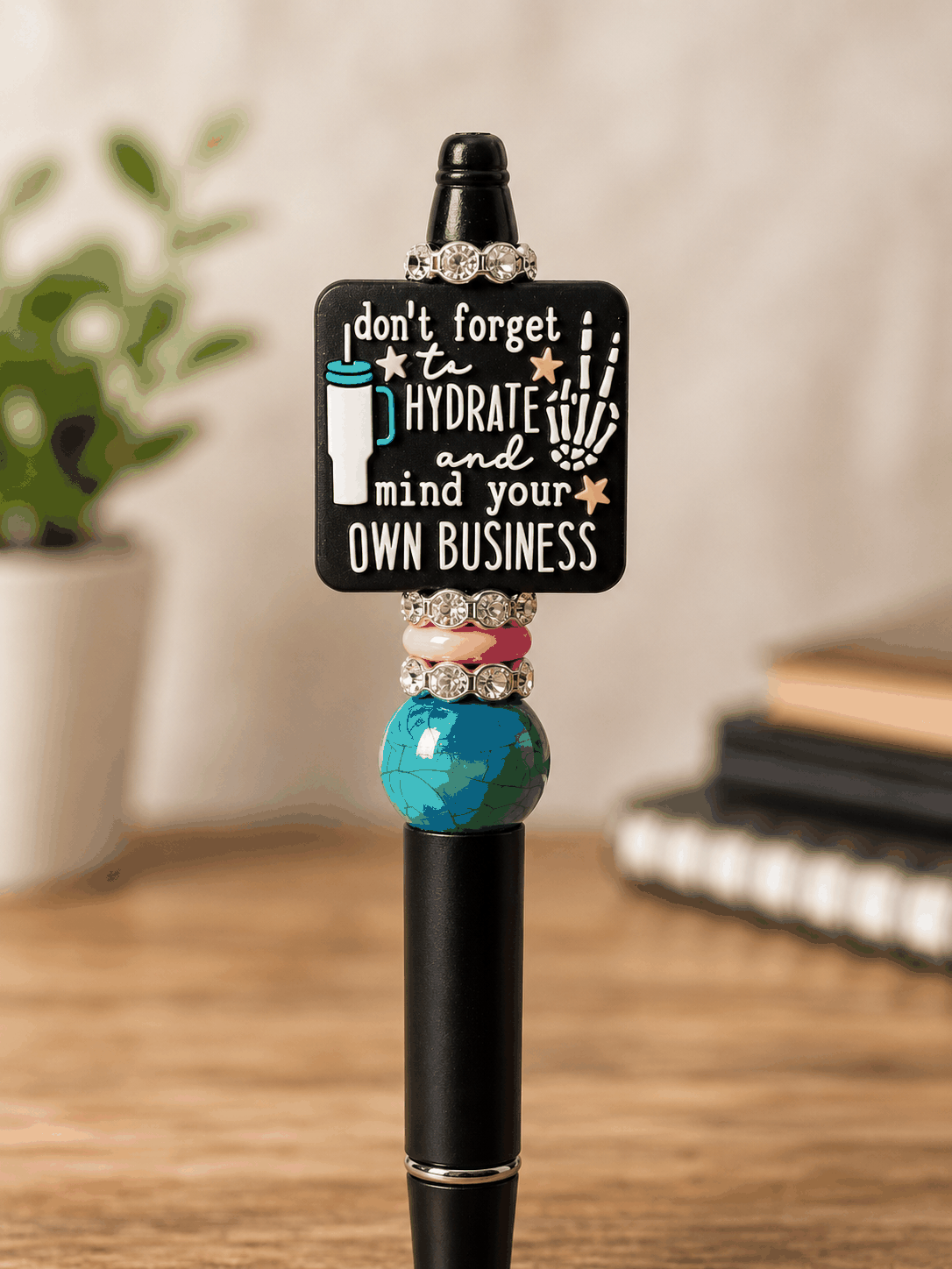Funny Hydrate and Mind Your Own Business beaded pen with rhinestone accents and motivational quote for office use