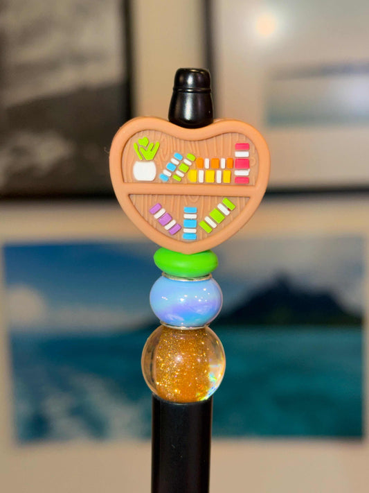 Heart Bookcase necklace on black pen with silicone and acrylic beads gift for book lovers