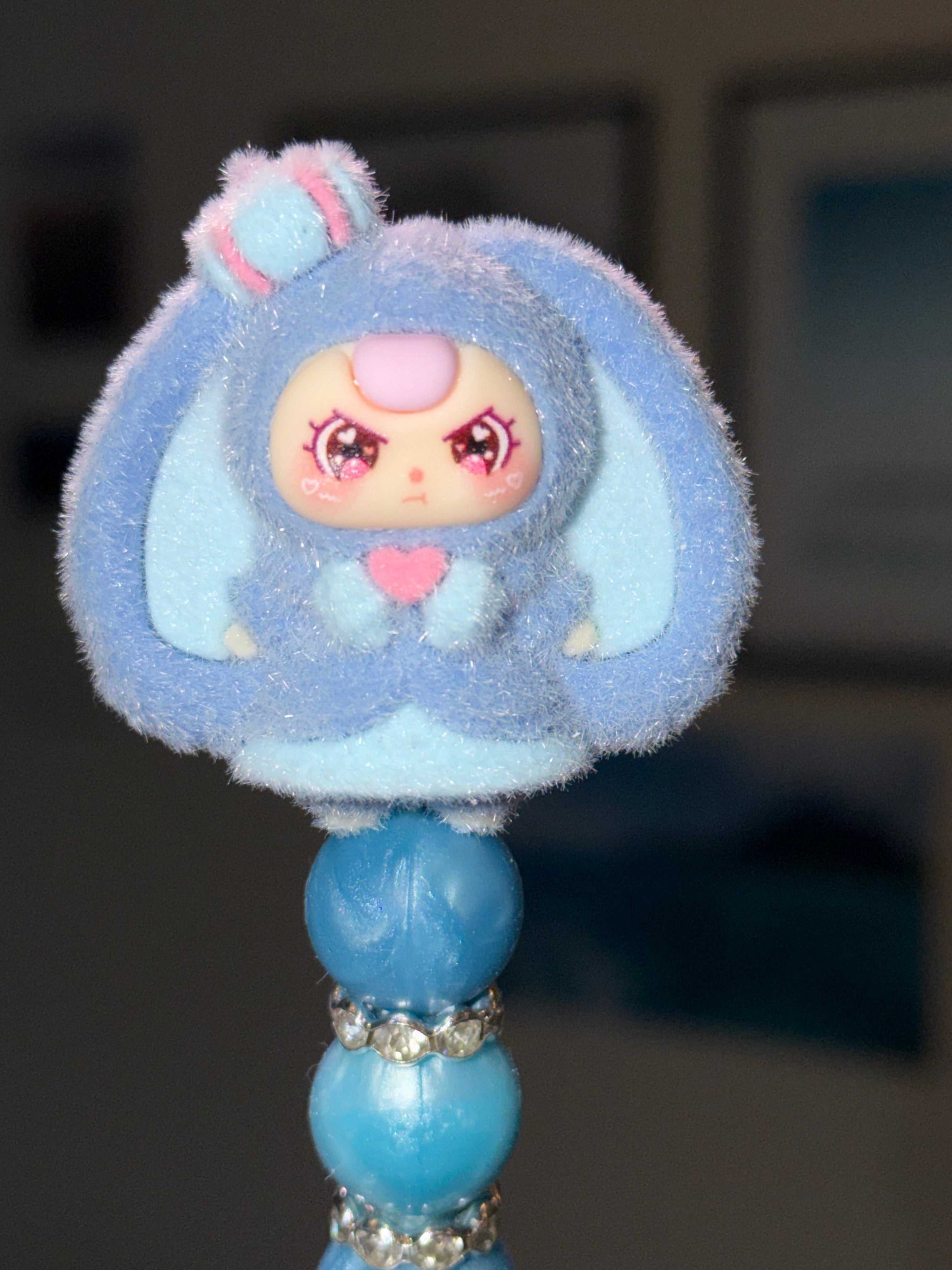 Blue Baby Three Flocked blue half bling pen with silicone and acrylic beads, rhinestones, and refillable ink