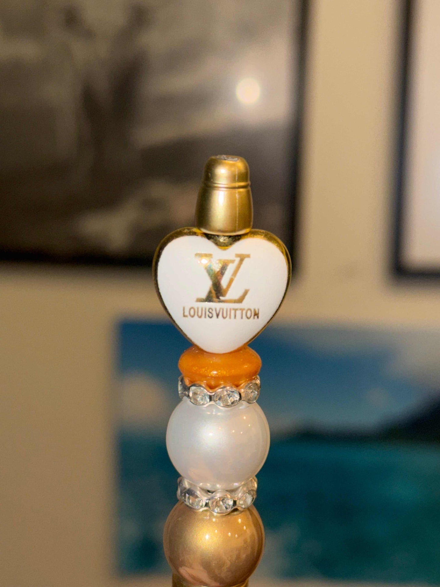 Gold heart topper beaded pen with pearl and crystal accents on gold barrel