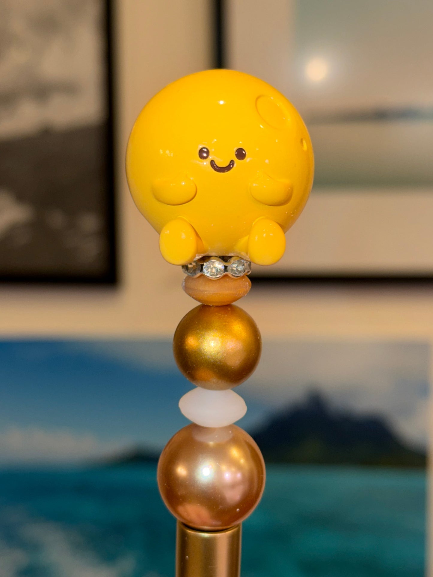 Gold celestial Moon Meichai Bean beaded pen with kawaii moon topper and rhinestone accents