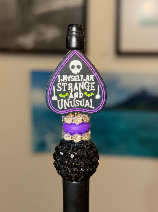 I, Myself, Am Strange and Unusual Black Pen with silicone beads and rhinestones, refillable ink