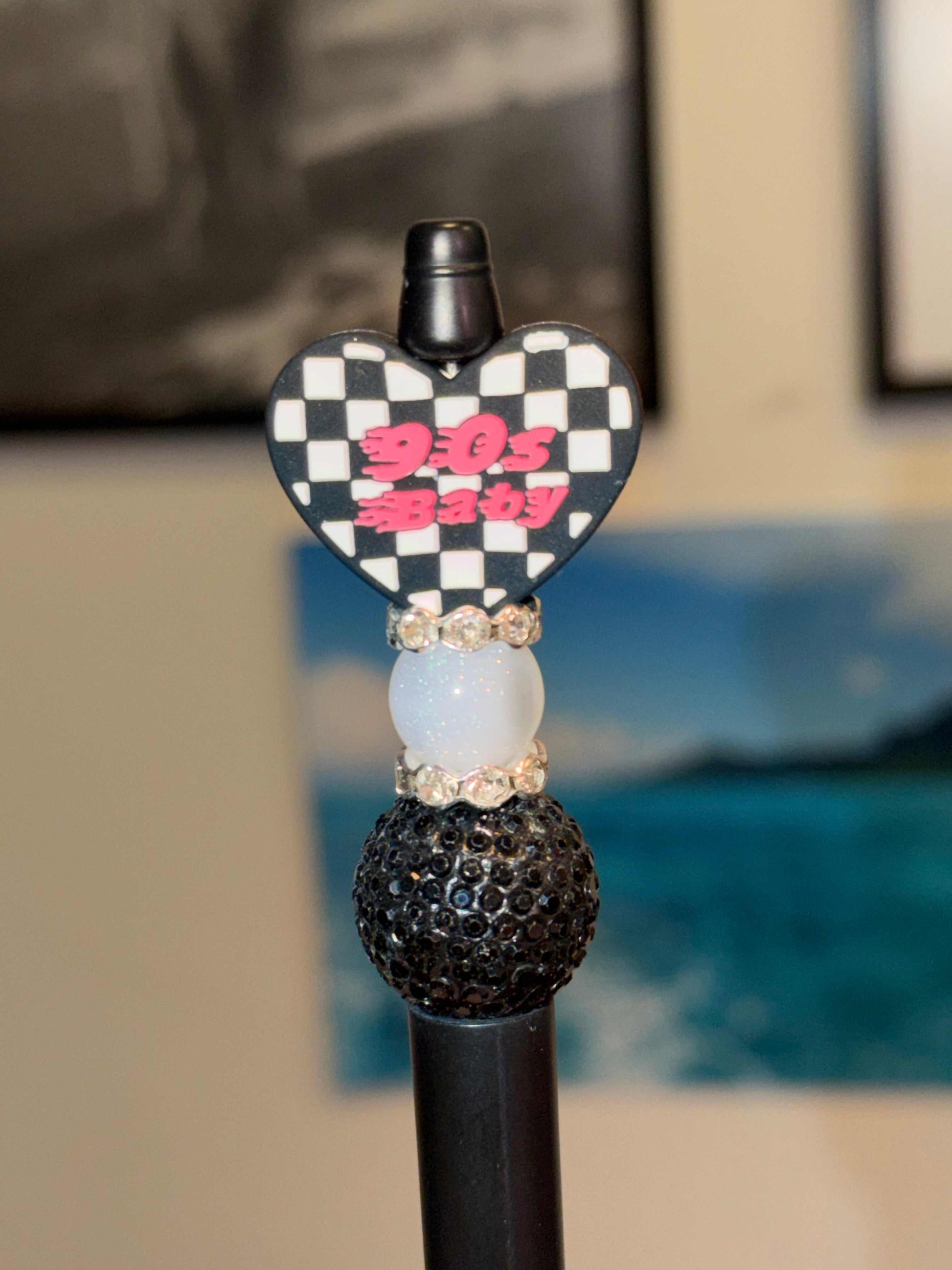 90’a Baby Checkered Heart black pen with silicone and acrylic beads, rhinestones, and refillable ink