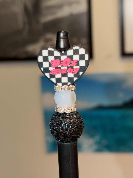 90’a Baby Checkered Heart black pen with silicone and acrylic beads, rhinestones, and refillable ink