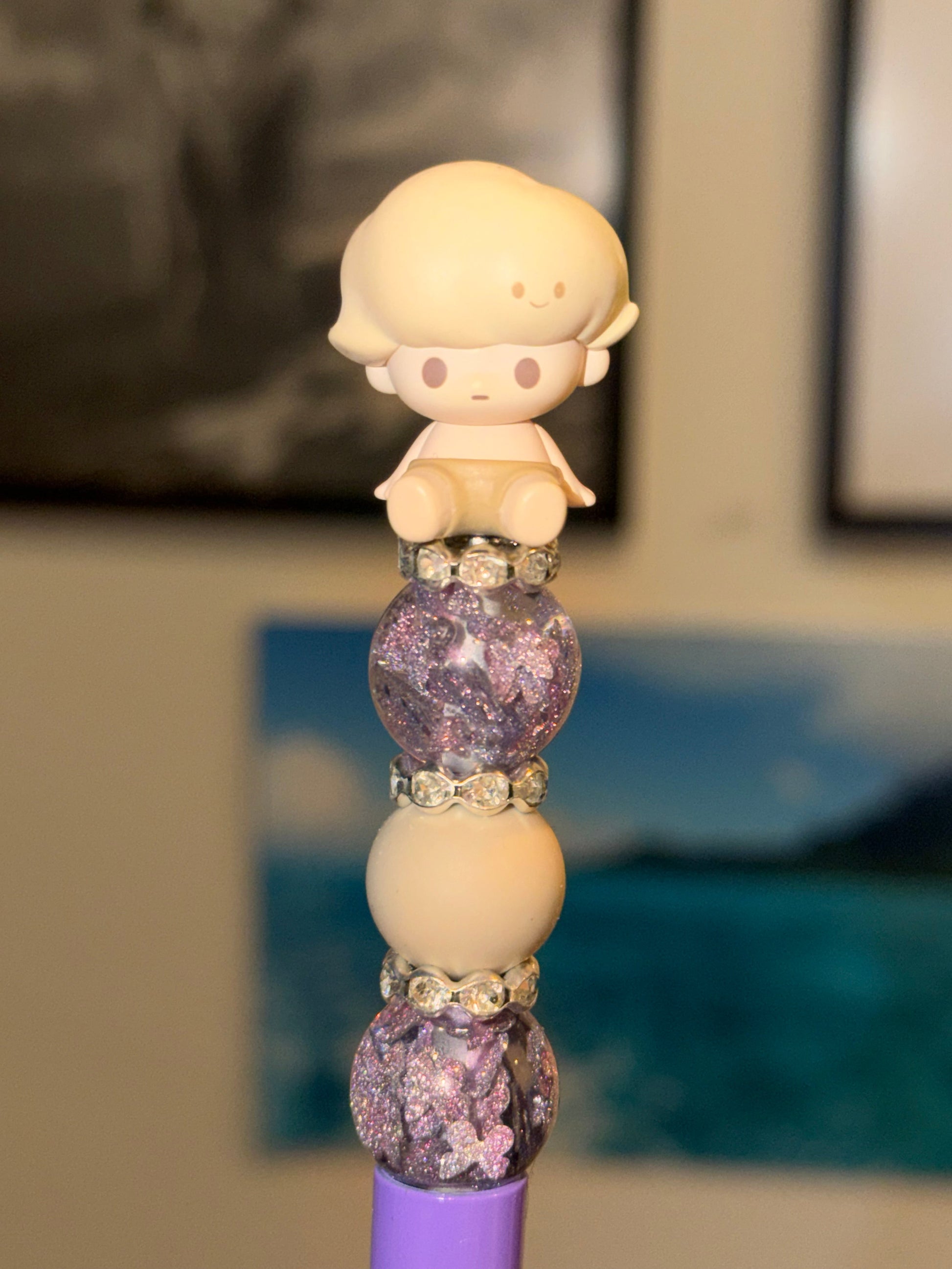 Purple glitter beaded pen with authentic Dimoo Pop Bean topper and crystal rhinestone accents
