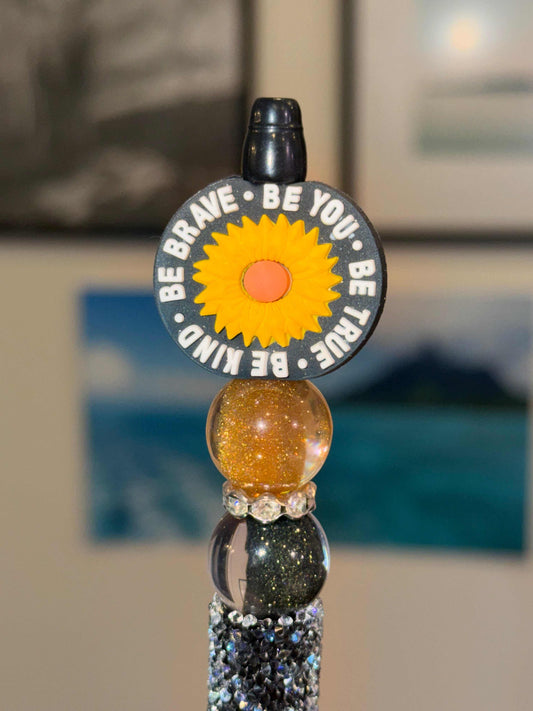 Sunflower Black Sugar Bead Pen with silicone and acrylic beads, rhinestones, and refillable black ink