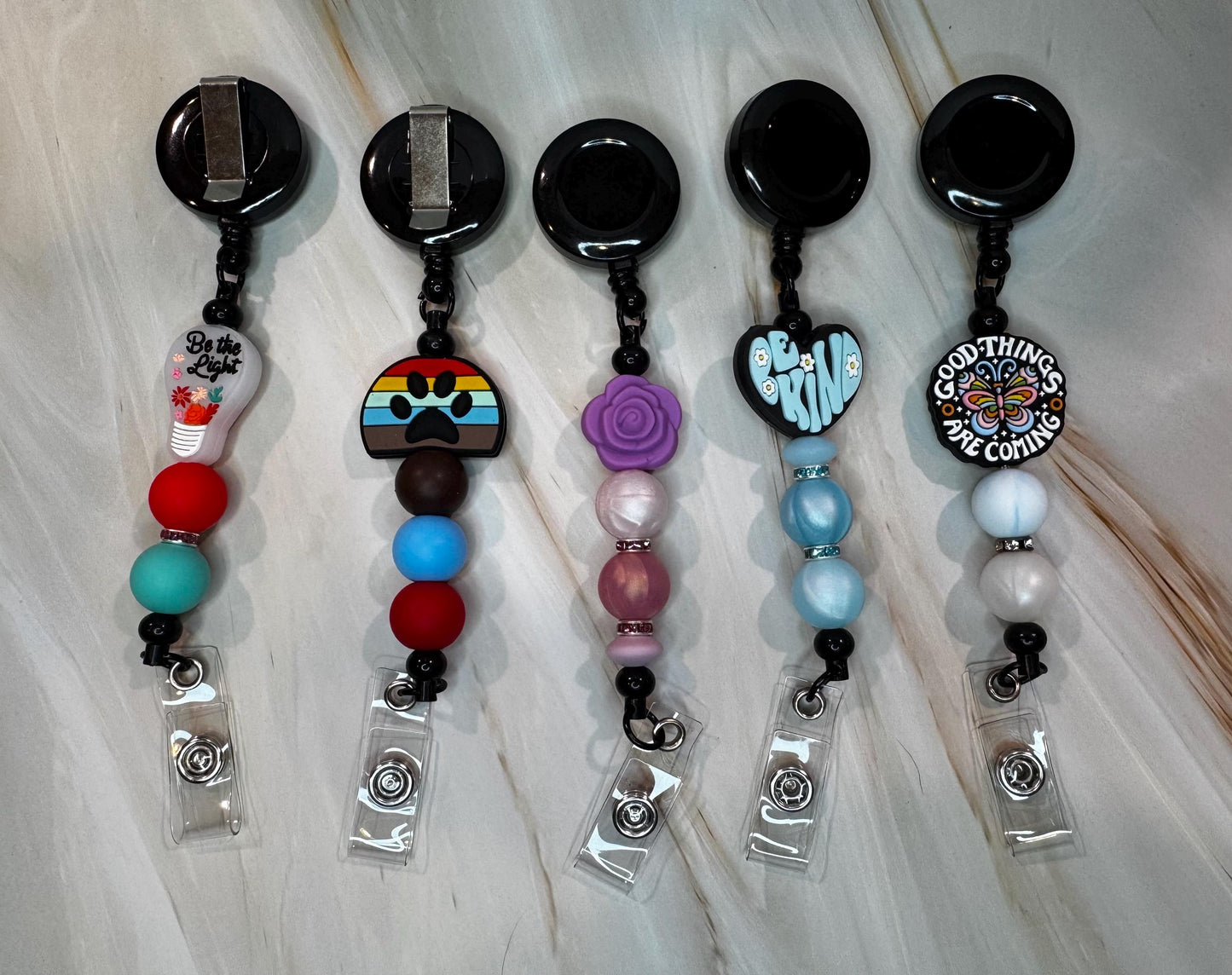 Floral, Be Kind, Paw Print, Good Things are Coming, and Be the Light Badge Reels / Retractable Reel / ID Holder