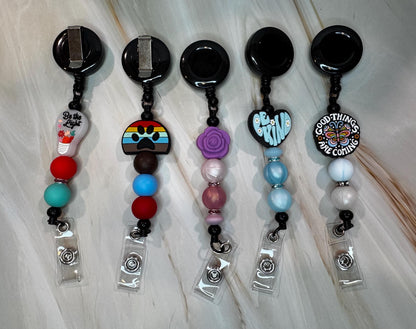 Floral, Be Kind, Paw Print, Good Things are Coming, and Be the Light Badge Reels / Retractable Reel / ID Holder