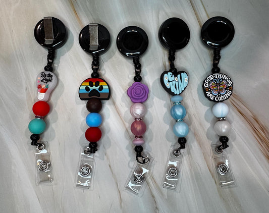 Floral, Be Kind, Paw Print, Good Things are Coming, and Be the Light Badge Reels / Retractable Reel / ID Holder