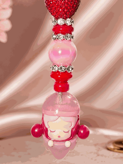 Authentic pink and red Skullpanda Soda Pop bean bag charm keychain with beads and crystal accents