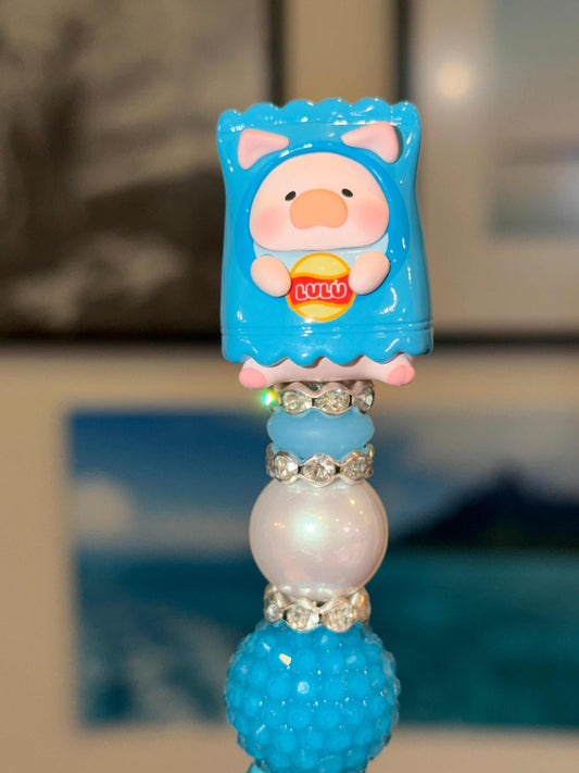 Authentic Lulu Piggy Bean Chips silicone bead decorated blue full bling pen with refillable ink