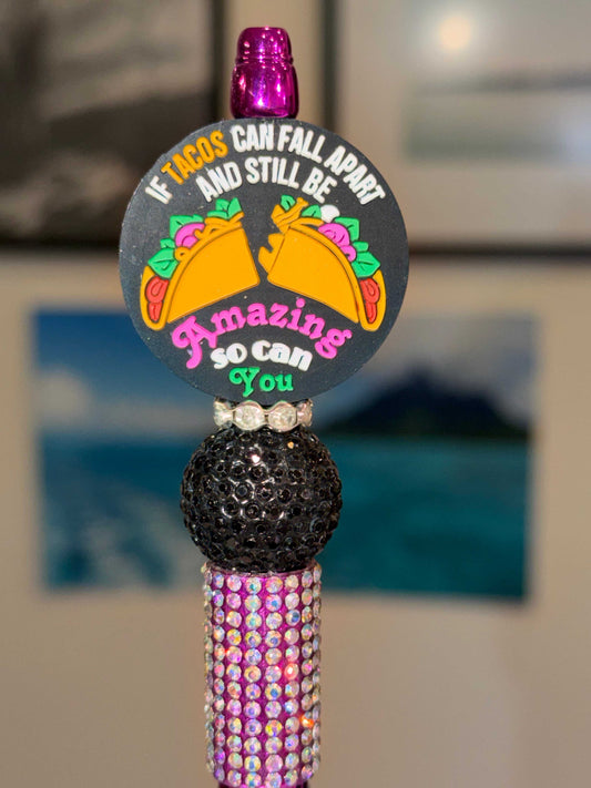 Inspiring Taco Half Bling Pen with silicone beads and rhinestones, refillable ink