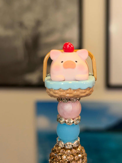 Lulu Piggy authentic bean with silicone and acrylic beads in picnic basket on black pen