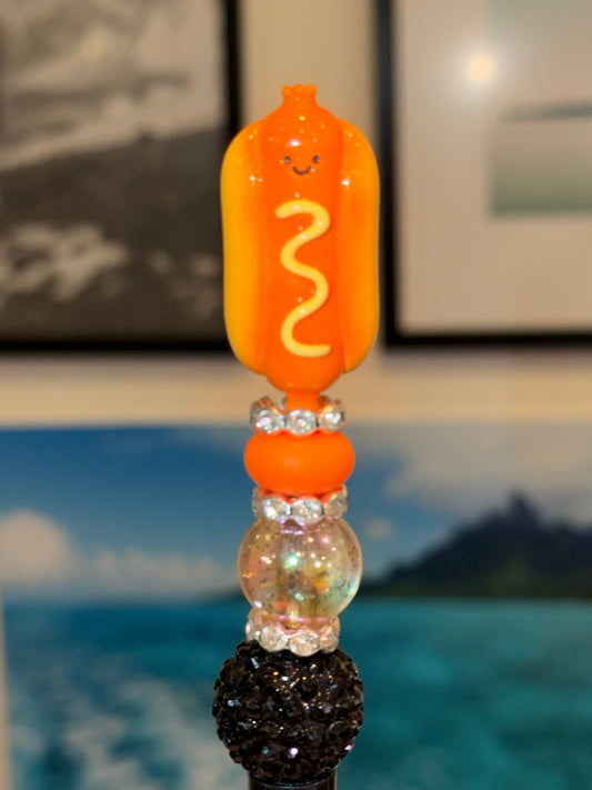 Hot Dog Meichai Bean collectible pen with orange and black rhinestone beads, kawaii hot dog topper, and glitter disco ball base