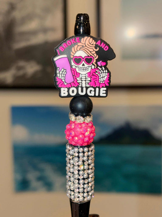 Broke and Bougie Girl black pen with silicone beads and rhinestones