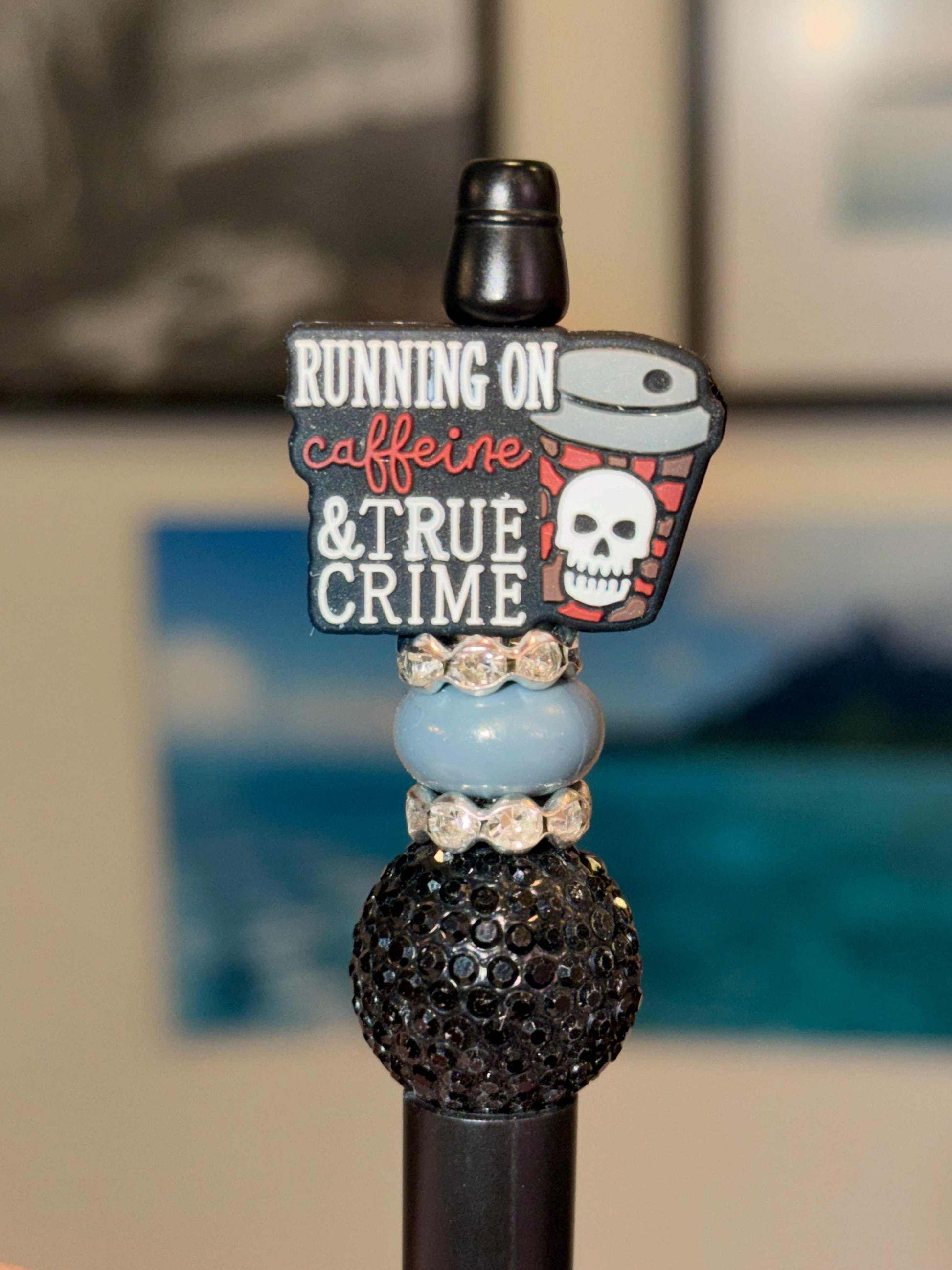 Running on Caffeine and True Crime black pen with silicone beads and refillable ink