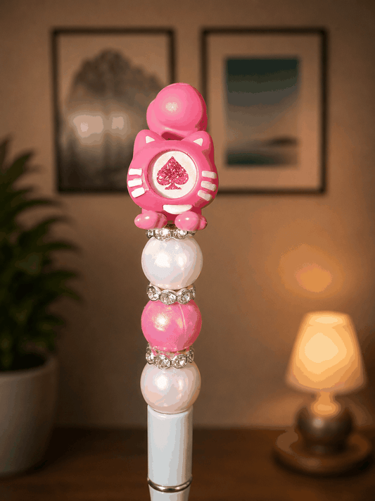 Authentic pink cat beaded pen with pearl beads and rhinestone accents for kawaii stationery