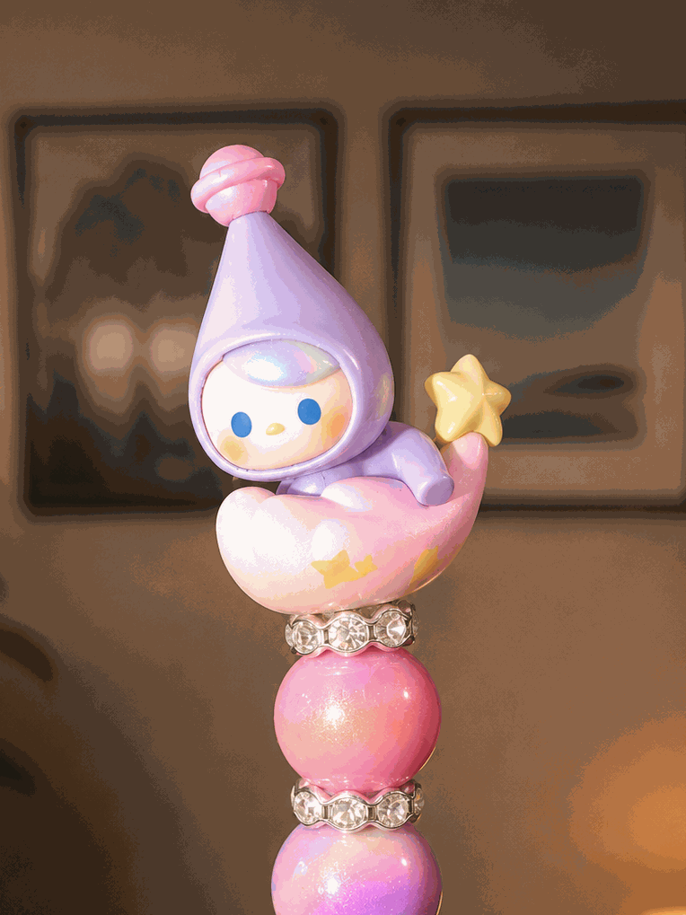 Authentic Pop Bean Pucky Goodnight beaded pen with pastel pink and purple beads and collectible Pucky character on crescent moon cloud