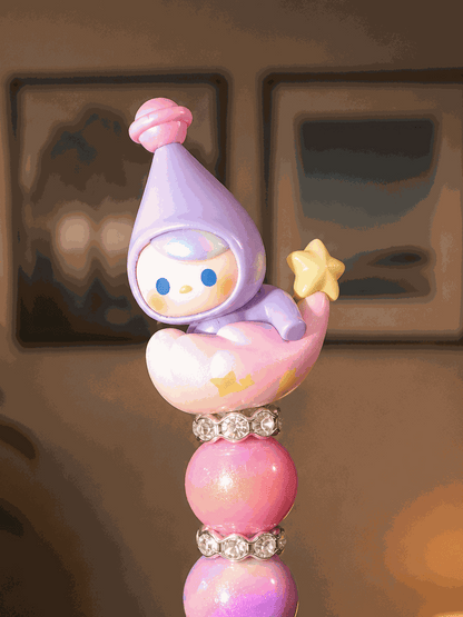 Authentic Pop Bean Pucky Goodnight beaded pen with pastel pink and purple beads and collectible Pucky character on crescent moon cloud