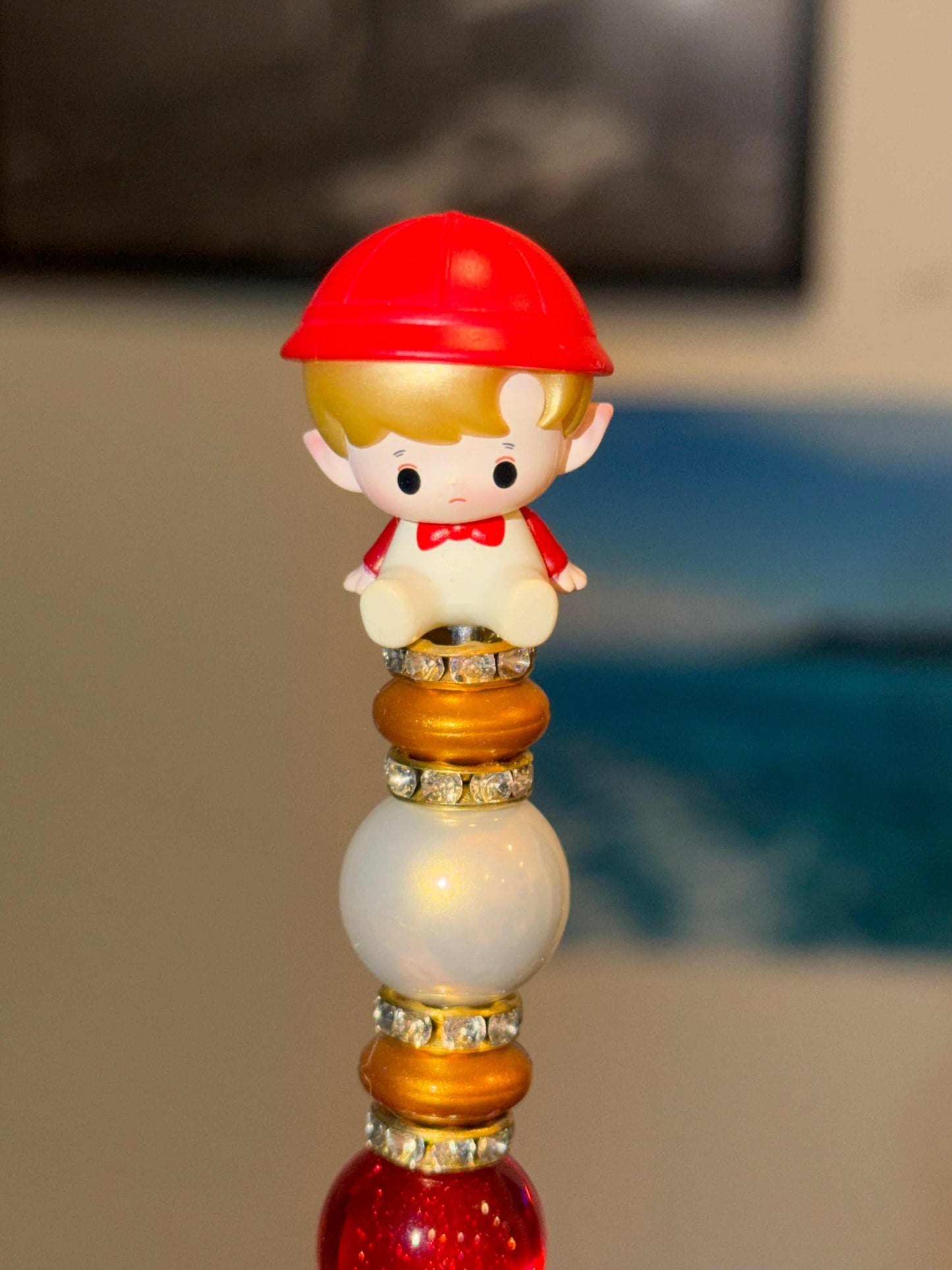 Red Half Rhinestone Beaded Pen with Hacipupu Pop Bean topper and crystal accents