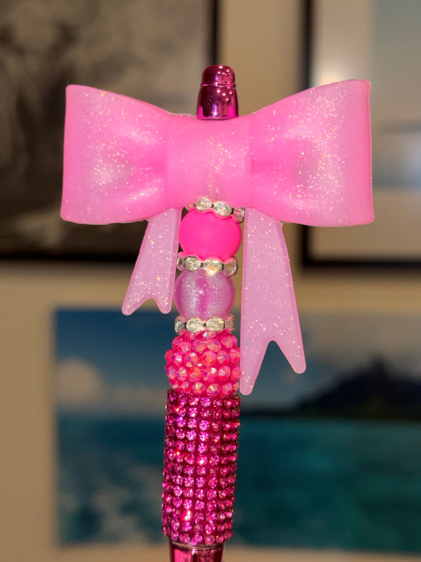 Hot pink half rhinestone beaded pen with pink glitter bow and layered pink beads