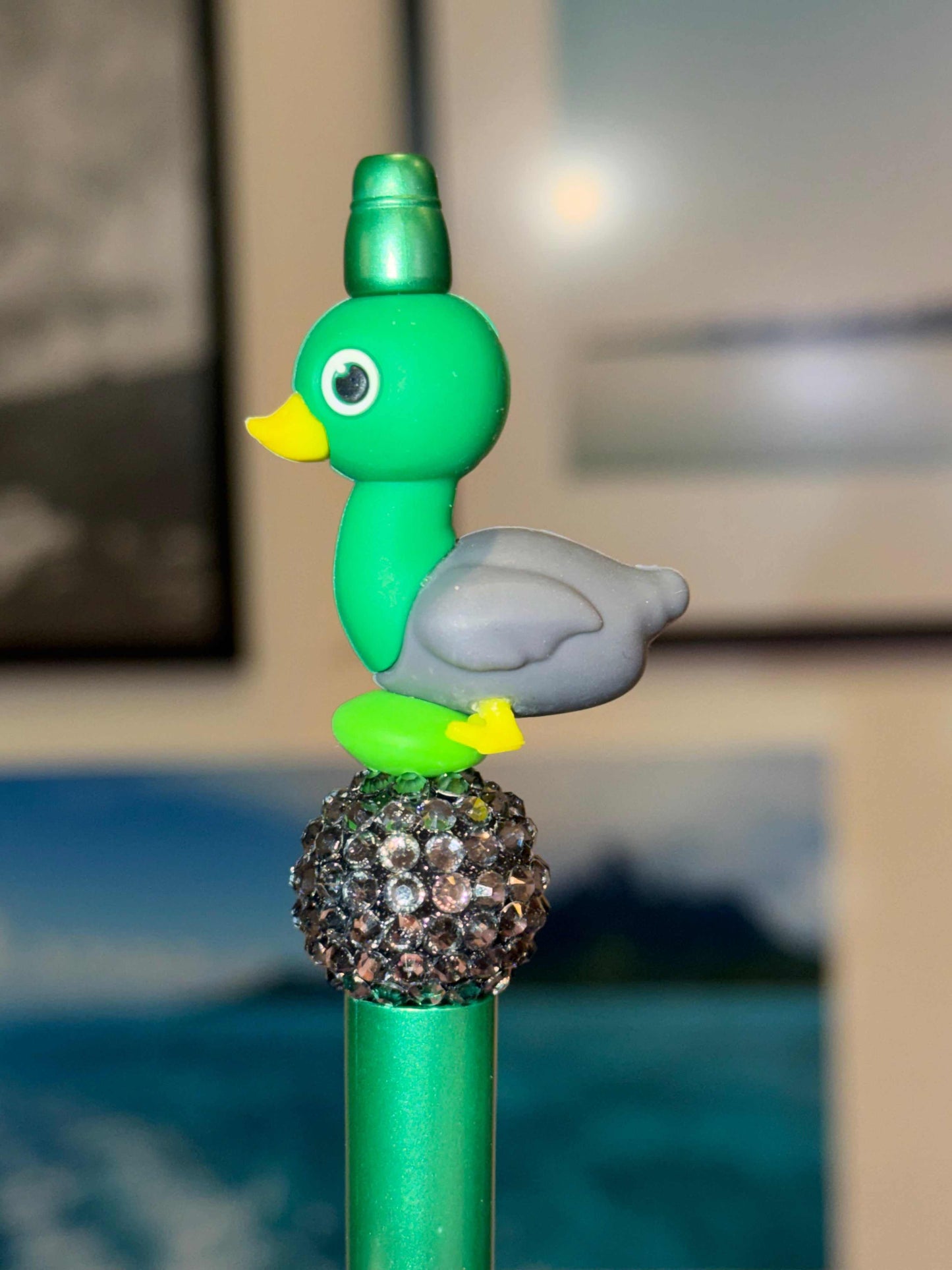Green and Grey 3D Cartoon Duck Pen made of silicone and acrylic beads with refillable ink