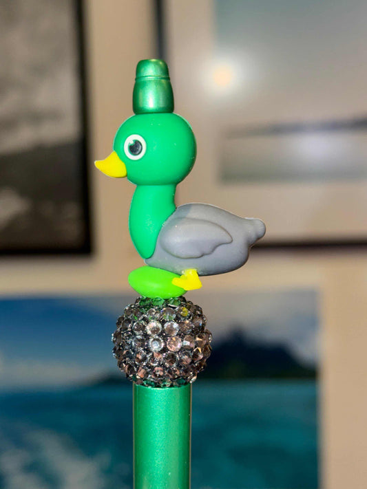 Green and Grey 3D Cartoon Duck Pen made of silicone and acrylic beads with refillable ink