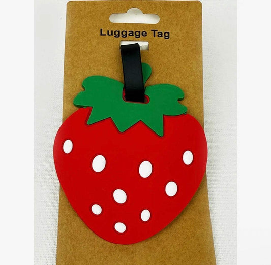 Strawberry and watermelon shaped brightly colored luggage tags made of silicone and plastic