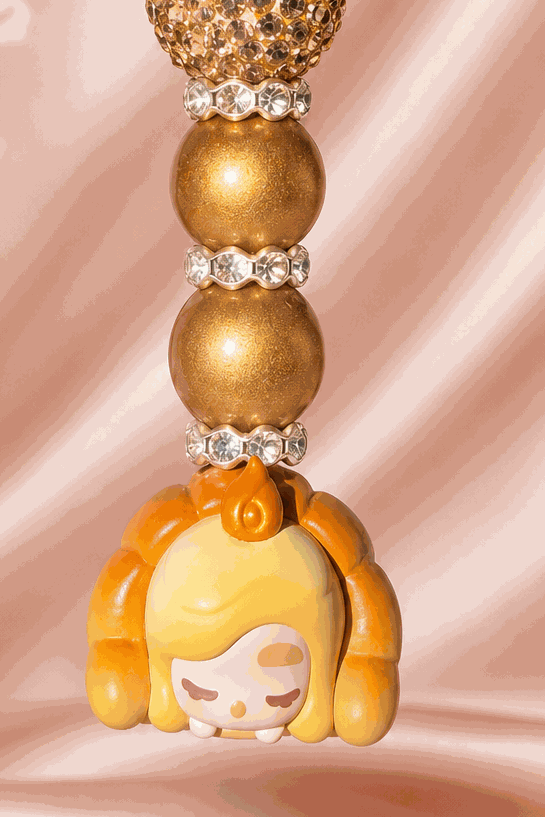 Authentic Chaka Bean Pop Mart gold beaded croissant bag charm keychain with crystal accent