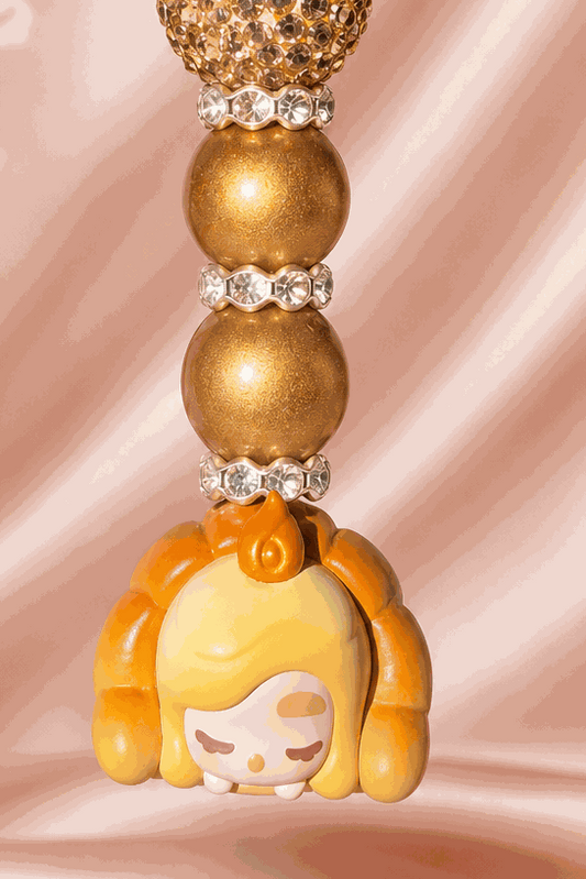 Authentic Chaka Bean Pop Mart gold beaded croissant bag charm keychain with crystal accent