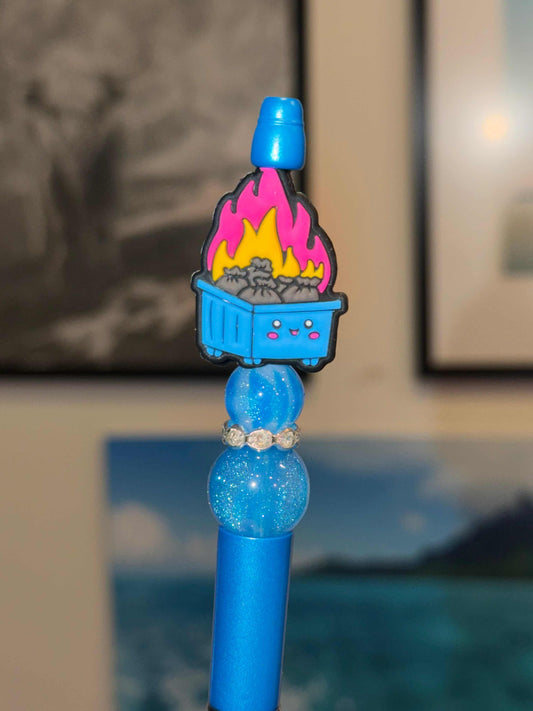 Dumpster Fire Blue Refillable Pen with silicone beads and rhinestones