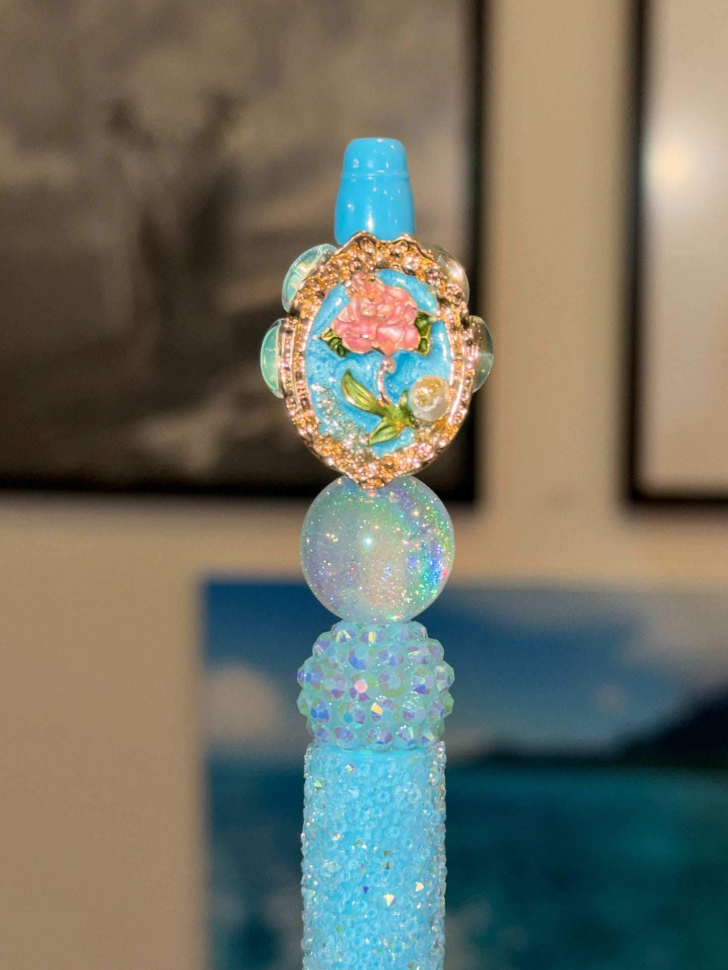 Rose Antique Looking Design on a Blue Sugar Bead Pen