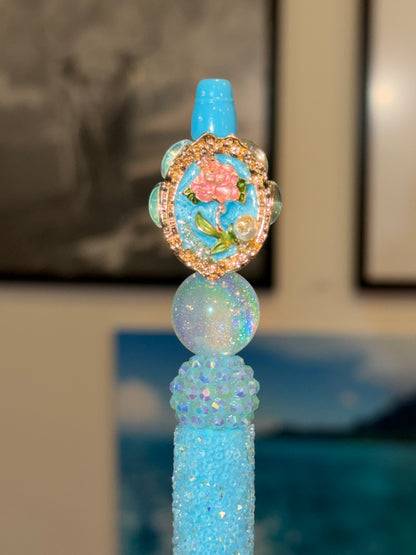 Rose Antique Looking Design on a Blue Sugar Bead Pen