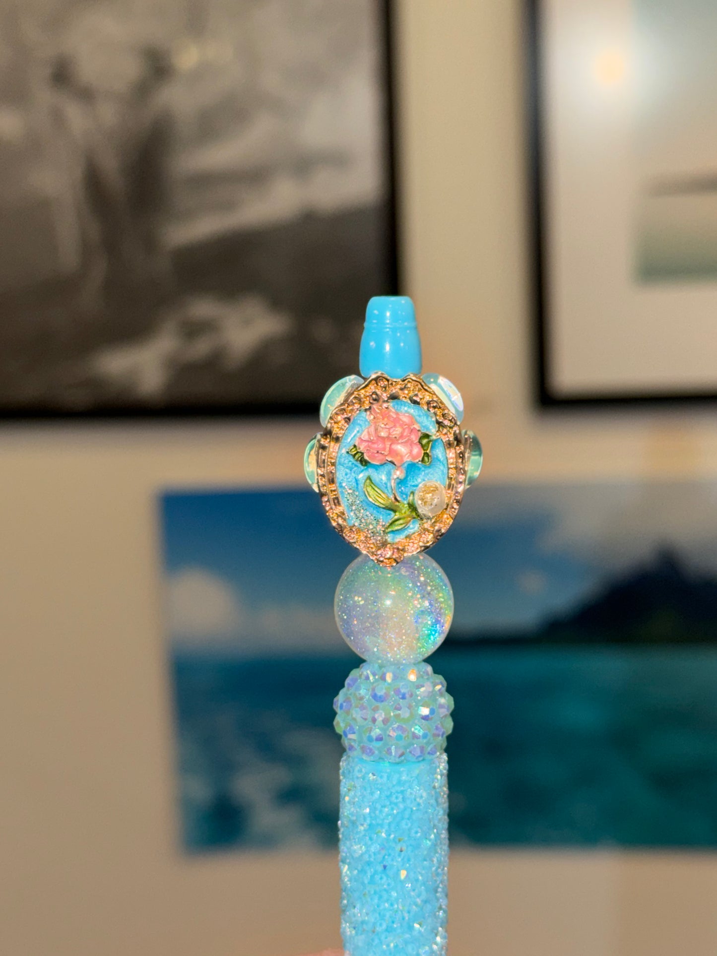 Rose Antique Looking Design on a Blue Sugar Bead Pen