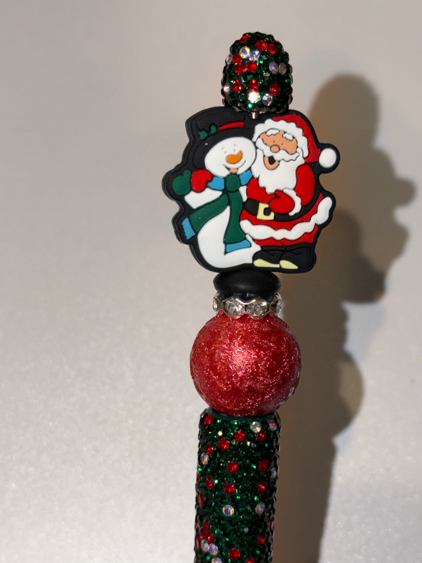Santa and a Snowman Green and Red Rhinestone Pen