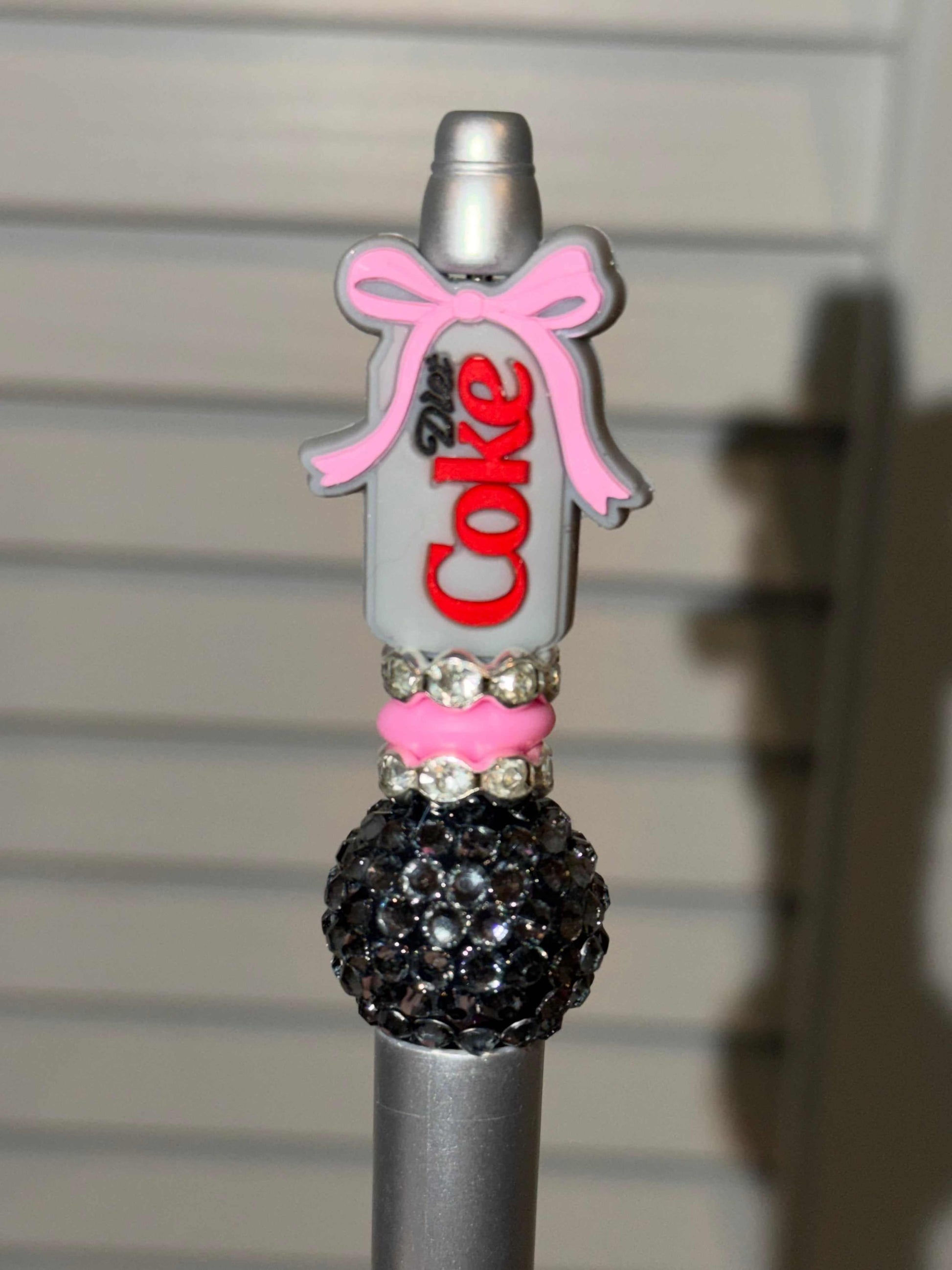 Diet Coke inspired bow silver pen with silicone and acrylic beads and rhinestones